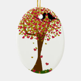 Tortelduifjes in de herfst van een hartenboom keramisch ornament
