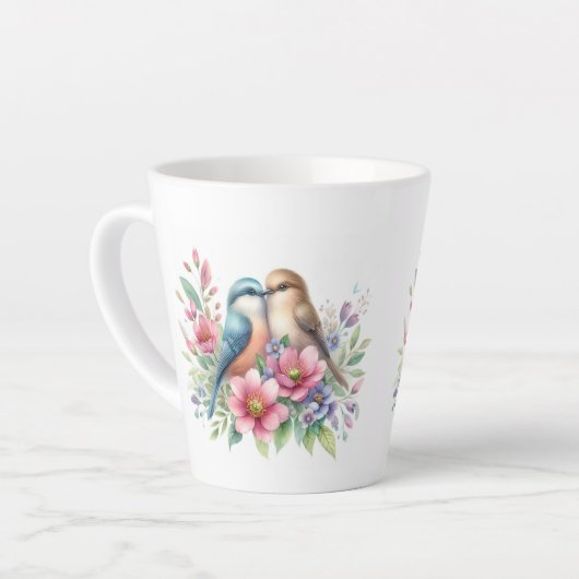Tortelduifjes in lentebloemen latte mok (Linkerhoek)