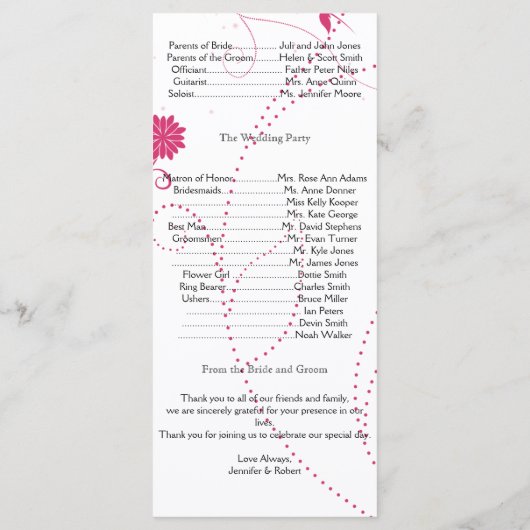 Tortelduifjes in roze en wit huwelijksprogramma programmakaart (Achterkant)