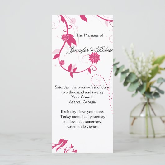 Tortelduifjes in roze en wit huwelijksprogramma programmakaart (Staand voorkant)