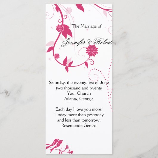 Tortelduifjes in roze en wit huwelijksprogramma programmakaart (Voorkant)