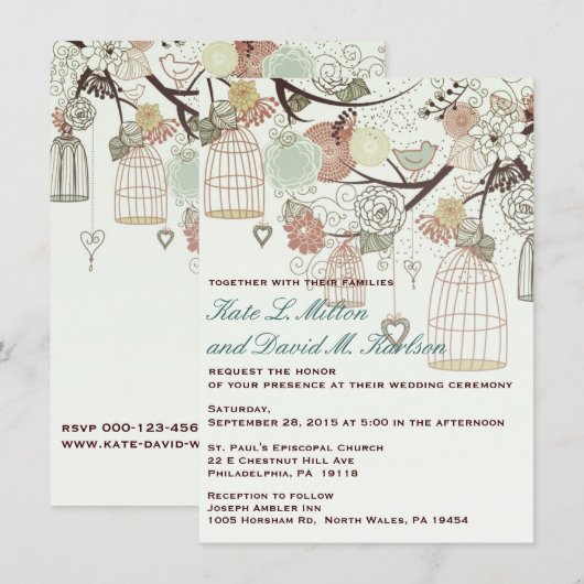 Tortelduifjes kooien bloemen bomen bruiloft uitnod kaart (Voorkant / Achterkant)