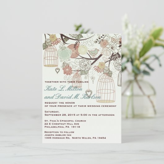 Tortelduifjes kooien bloemen bomen bruiloft uitnod kaart (Staand voorkant)