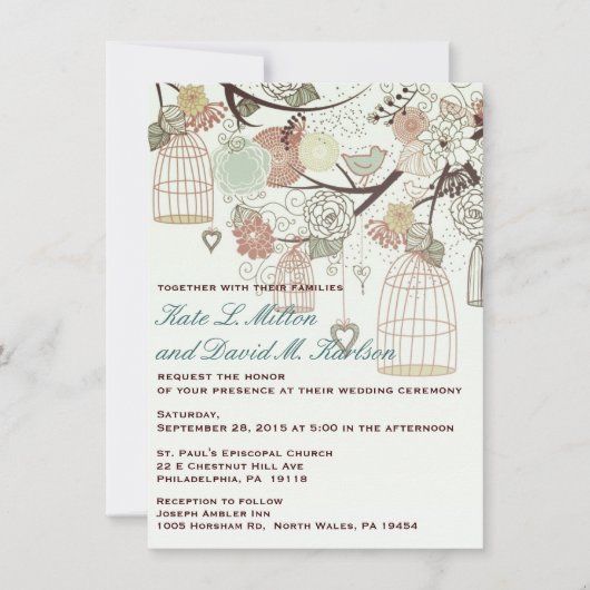 Tortelduifjes kooien bloemen bomen bruiloft uitnod kaart (Voorkant)