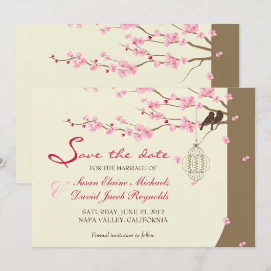 Tortelduifjes -kooienslijker-bloesem-bewaardatum save the date (Voorkant / Achterkant)