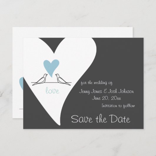 Tortelduifjes lichte blauwe hartbruiloft sparen de aankondigingskaart (Voorkant / Achterkant)