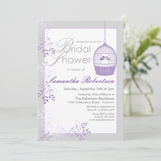 Tortelduifjes Lila Bridal Shower-uitnodigingen Kaart (Staand voorkant)