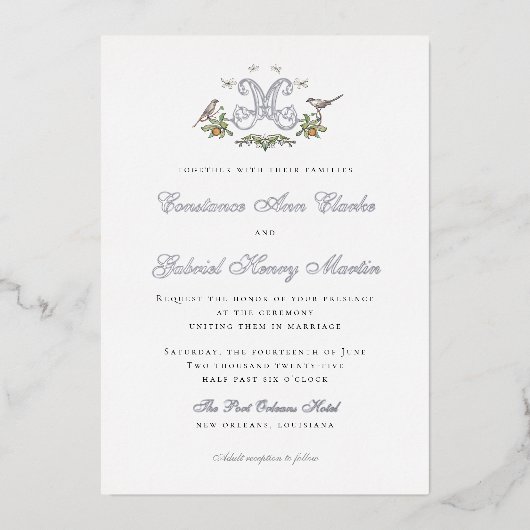 Tortelduifjes "M" Monogram Folie Huwelijksuitnodig Folie Uitnodiging (Voorkant)