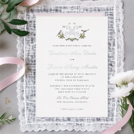 Tortelduifjes "M" Monogram Folie Huwelijksuitnodig Folie Uitnodiging