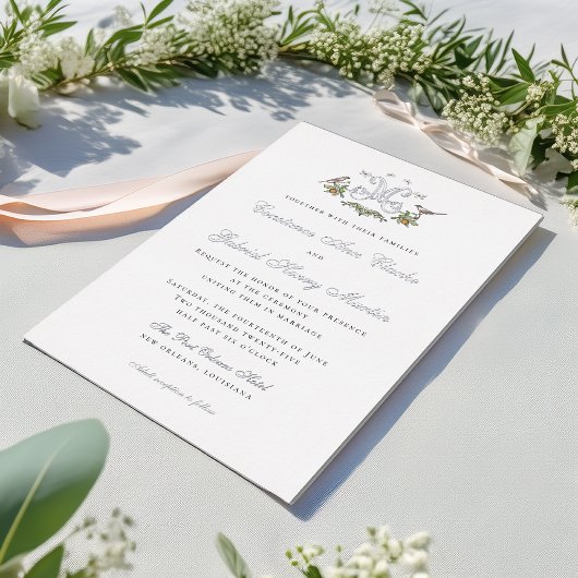 Tortelduifjes "M" Monogram Folie Huwelijksuitnodig Folie Uitnodiging