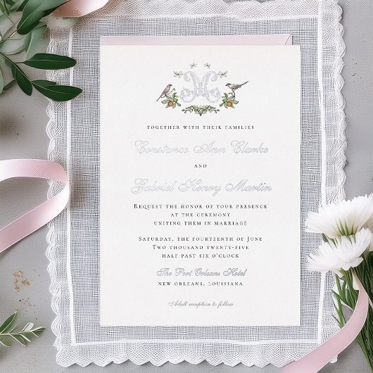 Tortelduifjes "M" Monogram Folie Huwelijksuitnodig Uitnodiging