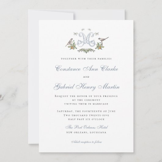 Tortelduifjes "M" Monogram Huwelijksuitnodiging Kaart (Voorkant)