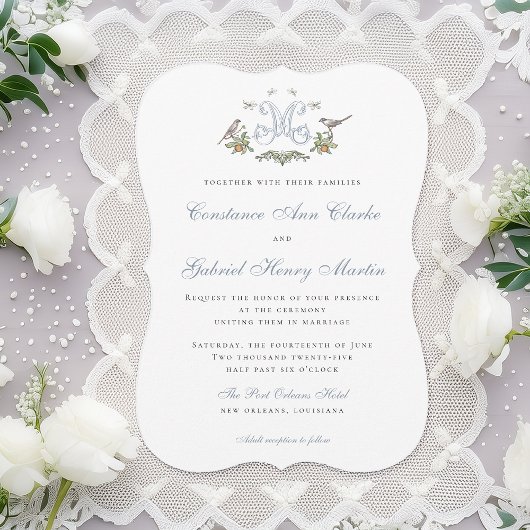 Tortelduifjes "M" Monogram Huwelijksuitnodiging Kaart