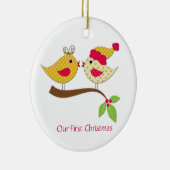 Tortelduifjes met eerste kerstdag gele pokadots keramisch ornament (Rechts)