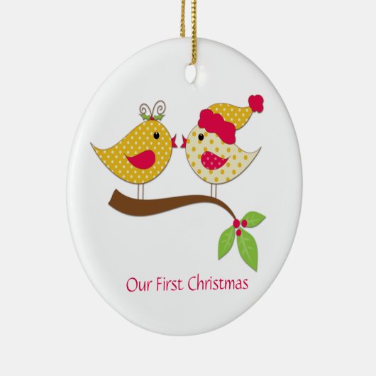 Tortelduifjes met eerste kerstdag gele pokadots keramisch ornament (Rechts)