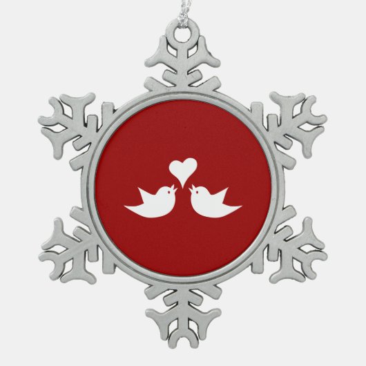 Tortelduifjes met Heart Weddenschap Tin Sneeuwvlok Ornament (Voorkant)