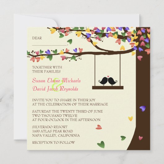 Tortelduifjes met kleurrijke harten kaart (Voorkant)