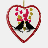 Tortelduifjes met rood en gouden harten keramisch ornament (Rechts)