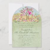 Tortelduifjes met roze roze groene bloem - bruilof kaart (Voorkant)