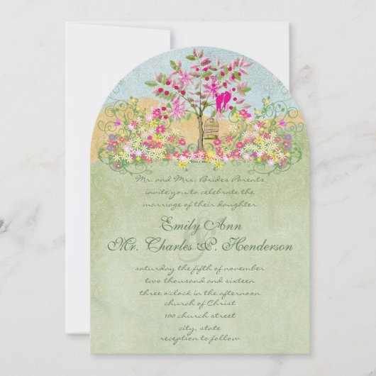 Tortelduifjes met roze roze groene bloem - bruilof kaart (Voorkant)