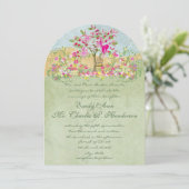 Tortelduifjes met roze roze groene bloem - bruilof kaart (Staand voorkant)