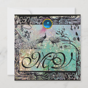 Tortelduifjes MONOGRAM Black Aqua Blue Floral Kaart