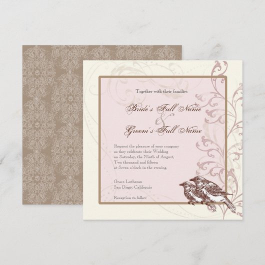 Tortelduifjes 'n Lace - Roos bruiloft uitnodiging (Voorkant / Achterkant)