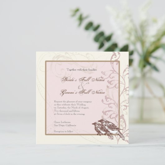 Tortelduifjes 'n Lace - Roos bruiloft uitnodiging (Staand voorkant)