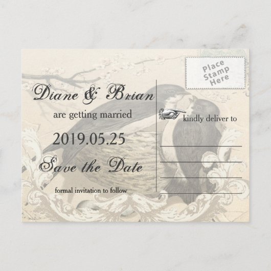 Tortelduifjes Nest Franse Decor Save the Date Aankondigingskaart (Achterkant)