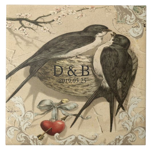  Tortelduifjes Nest Franse Decor Trouwdatum Tegeltje (Voorkant)