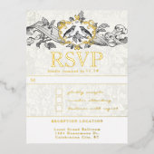 Tortelduifjes Oak Leaf Scroll Wedding RSVP Folie Uitnodiging Briefkaart (Voorkant)