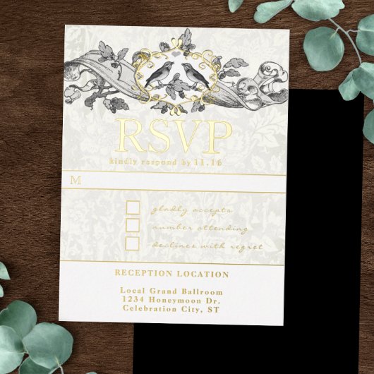 Tortelduifjes Oak Leaf Scroll Wedding RSVP Folie Uitnodiging Briefkaart