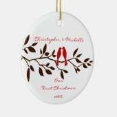 Tortelduifjes onze eerste kerstversiering keramisch ornament (Rechts)