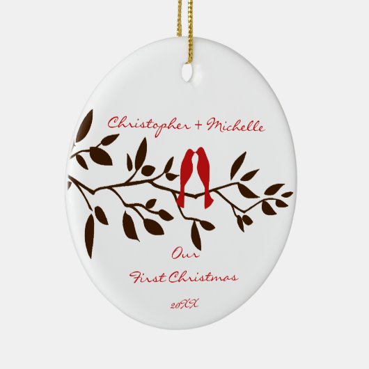 Tortelduifjes onze eerste kerstversiering keramisch ornament (Rechts)