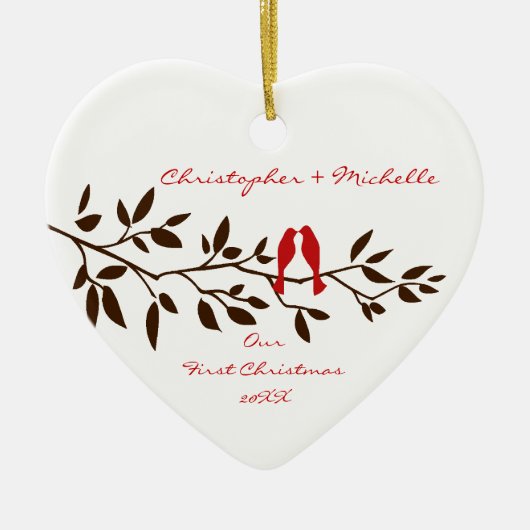 Tortelduifjes onze eerste kerstversiering keramisch ornament (Voorkant)