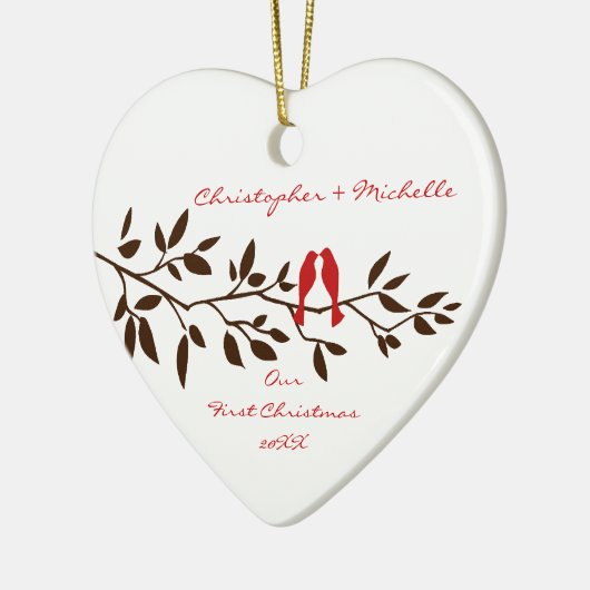 Tortelduifjes onze eerste kerstversiering keramisch ornament (Links)