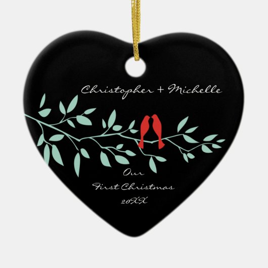 Tortelduifjes onze eerste kerstversiering keramisch ornament (Voorkant)