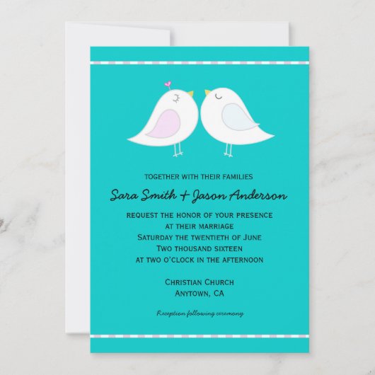 Tortelduifjes op Aqua achtergrond bruiloft uitnodi Kaart (Voorkant)