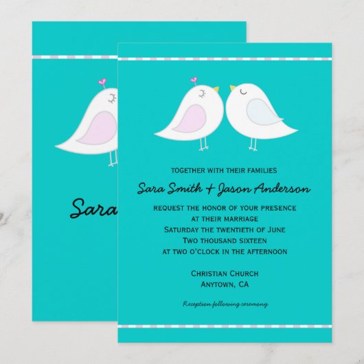Tortelduifjes op Aqua achtergrond bruiloft uitnodi Kaart (Voorkant / Achterkant)
