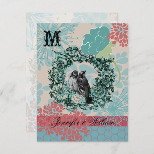 Tortelduifjes op Bloemenkrans bruiloft RSVP Kaart (Voorkant / Achterkant)