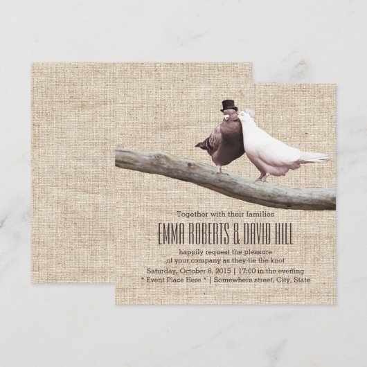  Tortelduifjes op Branch Burlap Wedding Kaart (Voorkant / Achterkant)