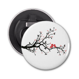 Tortelduifjes op Branch - Romantische Red Heart Tr Button Flesopener