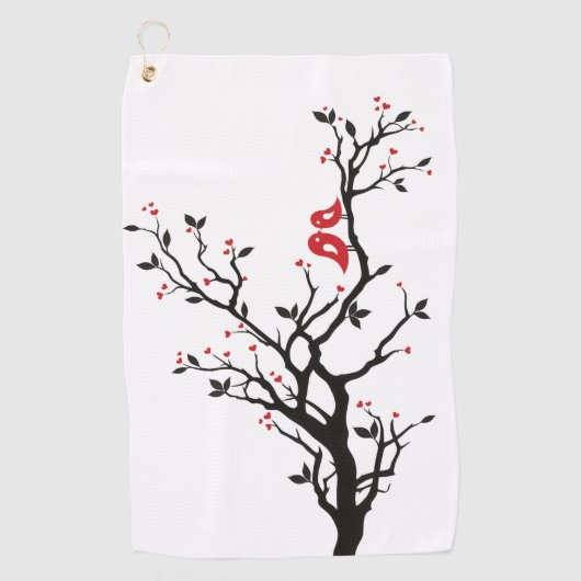 Tortelduifjes op Branch - Romantische Red Heart Tr Golfhanddoek (Voorkant)