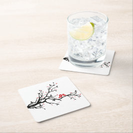 Tortelduifjes op Branch - Romantische Red Heart Tr Kartonnen Onderzetters