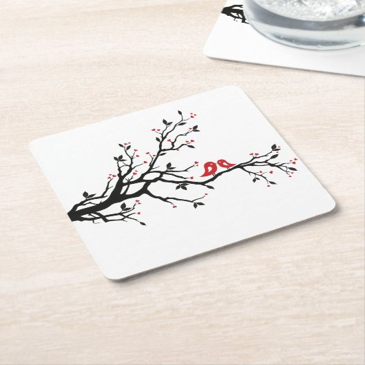 Tortelduifjes op Branch - Romantische Red Heart Tr Kartonnen Onderzetters (Schuin)