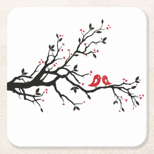 Tortelduifjes op Branch - Romantische Red Heart Tr Kartonnen Onderzetters (Voorkant)