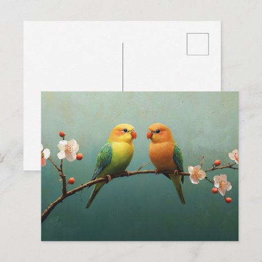 Tortelduifjes op een roze bloeiende tak briefkaart (Voorkant / Achterkant)