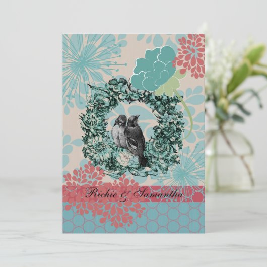 Tortelduifjes op Floral Wreath 5x7 bruiloft uitnod Kaart (Staand voorkant)