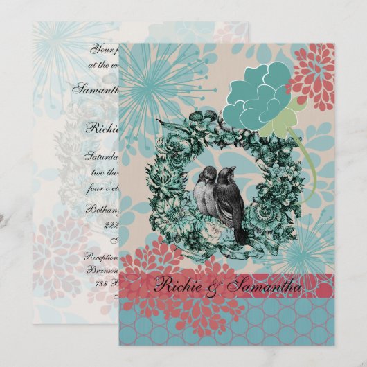 Tortelduifjes op Floral Wreath 5x7 bruiloft uitnod Kaart (Voorkant / Achterkant)