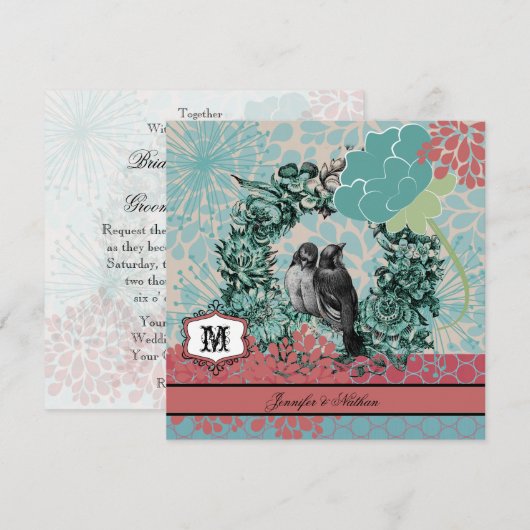 Tortelduifjes op Floral Wreath bruiloft uitnodigin Kaart (Voorkant / Achterkant)